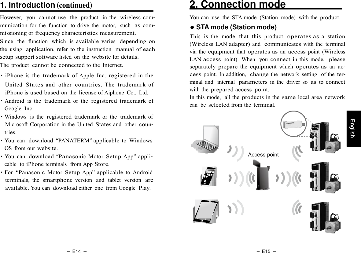 － E14 － － E15 －   English  1. Introduction (continued)  However,   you  cannot use   the   product   in  the  wireless com- munication for  the  function  to  drive  the  motor,  such  as com- missioning or frequency characteristics measurement. Since  the  function   which  is available varies  depending  on the  using  application, refer  to  the  instruction  manual of each setup support software listed  on  the website for details. The  product  cannot be connected to the Internet. ・iPhone is  the  trademark of Apple  Inc. registered in the United  States and   other  countries. The  trademark of iPhone is used based on  the license of Aiphone  Co.,  Ltd. ・Android  is  the  trademark or  the  registered  trademark of Google  Inc. ・Windows  is  the  registered  trademark or  the  trademark of Microsoft Corporation in the  United States and  other coun- tries. ・You  can  download “PANATERM” applicable to Windows OS  from our website. ・You  can  download “Panasonic  Motor Setup App” appli- cable  to iPhone terminals  from App Store. ・For  “Panasonic Motor Setup App” applicable to  Android terminals, the  smartphone version   and   tablet   version  are available. You can download either  one  from Google  Play. 2. Connection mode                      You can  use  the  STA mode  (Station  mode)  with the product. ● STA mode (Station mode) This  is  the  mode   that  this  product  operates as a  station (Wireless LAN adapter) and  communicates with the terminal via  the equipment that operates as an access point (Wireless LAN access point).  When   you connect in  this  mode,  please separately  prepare the equipment which operates as an ac- cess point.  In addition,  change the  network  setting  of the ter- minal  and   internal  parameters in  the  driver  so as to connect with the prepared access  point. In this  mode,   all the products in the same local area  network can be selected from the terminal.        Access point 
