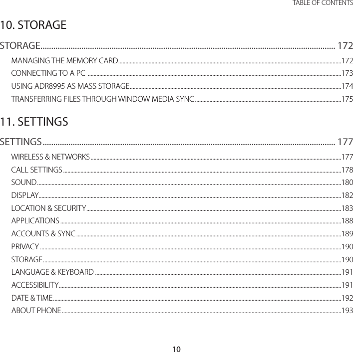 10TABLE OF CONTENTS10. STORAGESTORAGE ......................................................................................................................................... 172MANAGING THE MEMORY CARD ..........................................................................................................................................................172CONNECTING TO A PC  ...............................................................................................................................................................................173USING ADR8995 AS MASS STORAGE ..................................................................................................................................................174TRANSFERRING FILES THROUGH WINDOW MEDIA SYNC .....................................................................................................17511. SETTINGSSETTINGS ........................................................................................................................................ 177WIRELESS &amp; NETWORKS .............................................................................................................................................................................177CALL SETTINGS ................................................................................................................................................................................................178SOUND ..................................................................................................................................................................................................................180DISPLAY.................................................................................................................................................................................................................182LOCATION &amp; SECURITY ................................................................................................................................................................................183APPLICATIONS ..................................................................................................................................................................................................188ACCOUNTS &amp; SYNC .......................................................................................................................................................................................189PRIVACY ................................................................................................................................................................................................................190STORAGE ..............................................................................................................................................................................................................190LANGUAGE &amp; KEYBOARD ..........................................................................................................................................................................191ACCESSIBILITY ...................................................................................................................................................................................................191DATE &amp; TIME .......................................................................................................................................................................................................192ABOUT PHONE .................................................................................................................................................................................................193