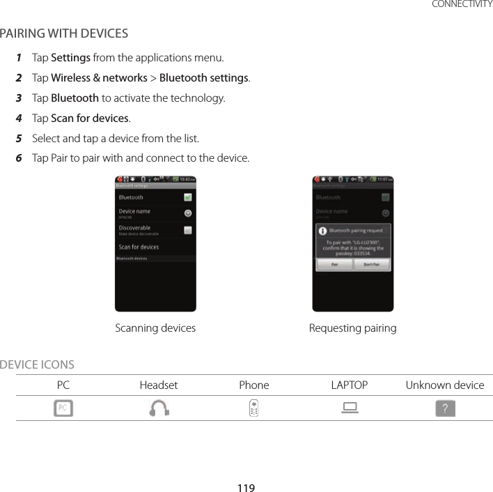 119 CONNECTIVITYPAIRING WITH DEVICES1  Tap Settings from the applications menu.2  Tap Wireless &amp; networks &gt; Bluetooth settings.3  Tap Bluetooth to activate the technology.4  Tap Scan for devices.5  Select and tap a device from the list.6  Tap Pair to pair with and connect to the device.Scanning devices Requesting pairingDEVICE ICONSPC Headset Phone LAPTOP Unknown device