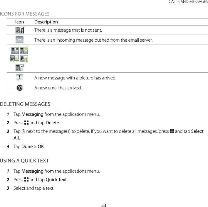 53 CALLS AND MESSAGESICONS FOR MESSAGES Icon DescriptionThere is a message that is not sent.There is an incoming message pushed from the email server.  A new message with a picture has arrived.A new email has arrived.DELETING MESSAGES1  Tap Messaging from the applications menu.2  Press B and tap Delete.3  Tap K next to the message(s) to delete. If you want to delete all messages, press B and tap Select All.4  Tap Done &gt; OK.USING A QUICK TEXT1  Tap Messaging from the applications menu.2  Press B and tap Quick Text. 3  Select and tap a text.