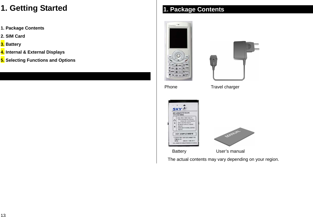 13 1. Getting Started 1. Package Contents 2. SIM Card 3. Battery 4. Internal &amp; External Displays 5. Selecting Functions and Options  1. Package Contents                   Phone                           Travel charger                 Battery                        User’s manual The actual contents may vary depending on your region. 