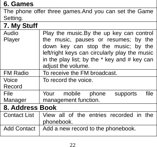 22 6. Games The phone offer three games.And you can set the Game Setting. 7. My Stuff Audio Player  Play the music.By the up key can control the music, pauses or resumes; by the down key can stop the music; by the left/right keys can circularly play the music in the play list; by the * key and # key can adjust the volume.  FM Radio  To receive the FM broadcast. Voice Record  To record the voice. File Manager  Your mobile phone supports file management function. 8. Address Book Contact List  View all of the entries recorded in the phonebook. Add Contact  Add a new record to the phonebook. 