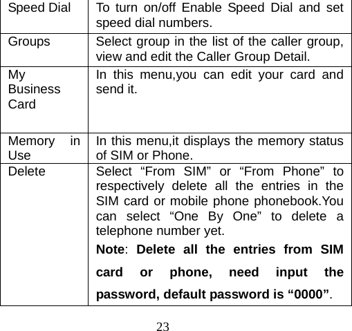 23 Speed Dial  To turn on/off Enable Speed Dial and set speed dial numbers. Groups  Select group in the list of the caller group, view and edit the Caller Group Detail. My Business Card In this menu,you can edit your card and send it. Memory in Use  In this menu,it displays the memory status of SIM or Phone. Delete  Select “From SIM” or “From Phone” to respectively delete all the entries in the SIM card or mobile phone phonebook.You can select “One By One” to delete a telephone number yet.  Note:  Delete all the entries from SIM card or phone, need input the password, default password is “0000”. 