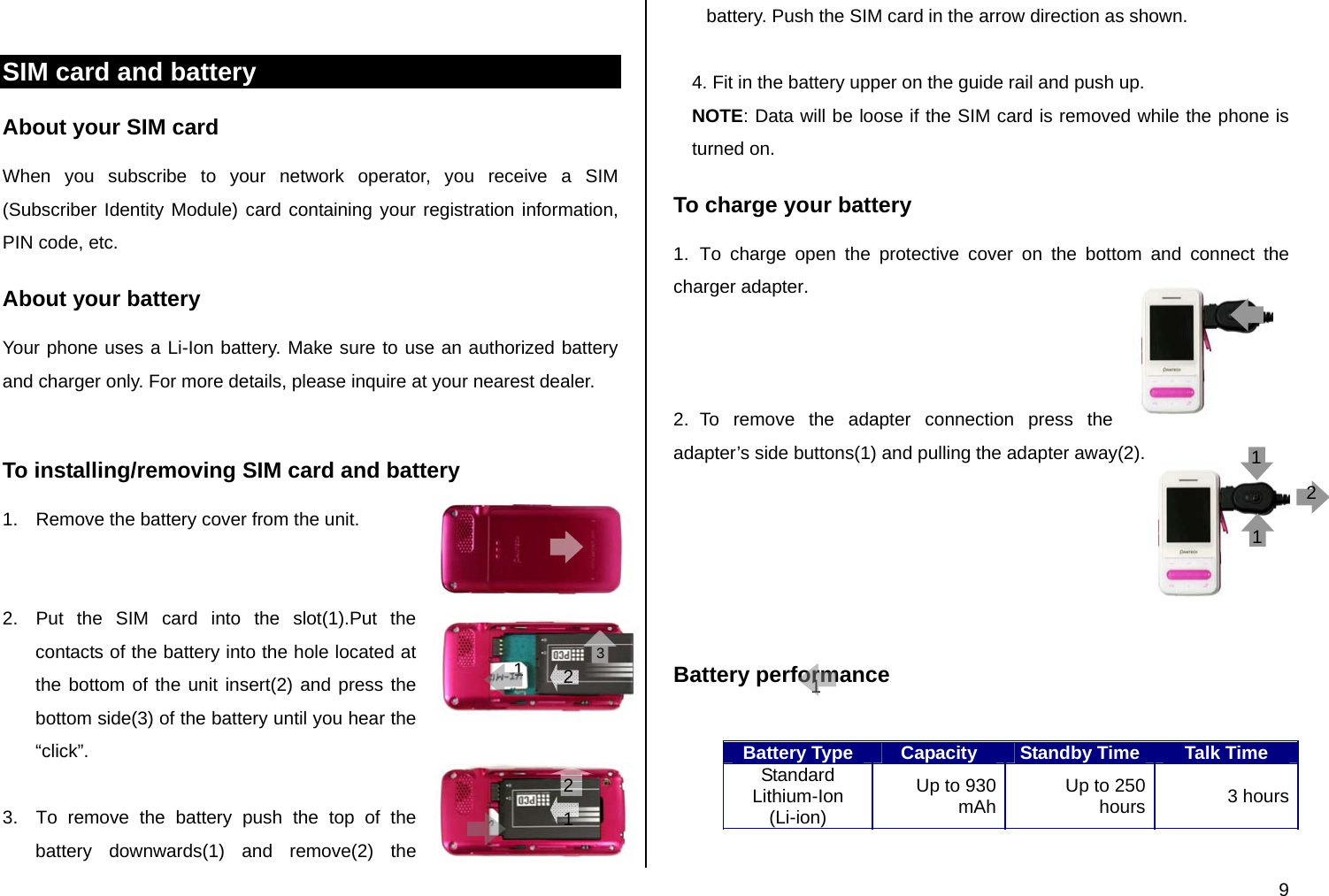  9 3 12 2121 SIM card and battery About your SIM card When you subscribe to your network operator, you receive a SIM (Subscriber Identity Module) card containing your registration information, PIN code, etc.  About your battery Your phone uses a Li-Ion battery. Make sure to use an authorized battery and charger only. For more details, please inquire at your nearest dealer.  To installing/removing SIM card and battery 1.  Remove the battery cover from the unit.   2.  Put the SIM card into the slot(1).Put the contacts of the battery into the hole located at the bottom of the unit insert(2) and press the bottom side(3) of the battery until you hear the “click”.   3.  To remove the battery push the top of the battery downwards(1) and remove(2) the battery. Push the SIM card in the arrow direction as shown.  4. Fit in the battery upper on the guide rail and push up. NOTE: Data will be loose if the SIM card is removed while the phone is turned on.  To charge your battery 1. To charge open the protective cover on the bottom and connect the charger adapter.     2. To remove the adapter connection press the adapter’s side buttons(1) and pulling the adapter away(2).      Battery performance   Battery Type  Capacity  Standby Time  Talk Time Standard Lithium-Ion (Li-ion) Up to 930 mAh  Up to 250 hours 3 hours 1 1  