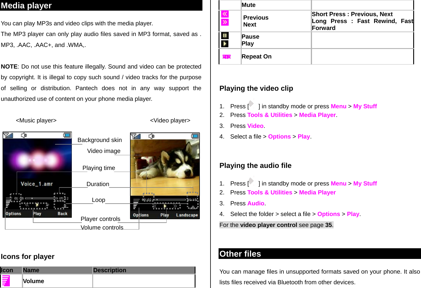 Media player You can play MP3s and video clips with the media player. The MP3 player can only play audio files saved in MP3 format, saved as . MP3, .AAC, .AAC+, and .WMA,.  NOTE: Do not use this feature illegally. Sound and video can be protected by copyright. It is illegal to copy such sound / video tracks for the purpose of selling or distribution. Pantech does not in any way support the unauthorized use of content on your phone media player.           &lt;Music player&gt;                                                        &lt;Video player&gt;            Icons for player Icon Name Description    Volume   Mute         Previous  Next Short Press : Previous, Next Long Press : Fast Rewind, Fast Forward      Pause Play        Repeat On     Playing the video clip 1. Press [ ] in standby mode or press Menu &gt; My Stuff  2. Press Tools &amp; Utilities &gt; Media Player.   3. Press Video.  4.  Select a file &gt; Options &gt; Play.  Playing the audio file  1. Press [ ] in standby mode or press Menu &gt; My Stuff  2. Press Tools &amp; Utilities &gt; Media Player  3. Press Audio. 4.  Select the folder &gt; select a file &gt; Options &gt; Play. For the video player control see page 35.   Other files You can manage files in unsupported formats saved on your phone. It also lists files received via Bluetooth from other devices. Background skin     Video image Playing timeDurationLoop Player controlsVolume controls