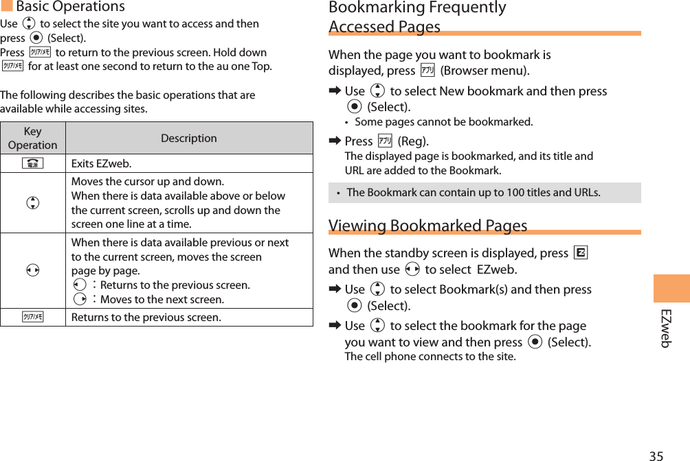 35EZweb Basic OperationsUse j to select the site you want to access and then press c (Select).Press C to return to the previous screen. Hold down C for at least one second to return to the au one Top.The following describes the basic operations that are available while accessing sites.Key Operation DescriptionFExits EZweb.jMoves the cursor up and down. When there is data available above or below the current screen, scrolls up and down the screen one line at a time. sWhen there is data available previous or next  to the current screen, moves the screen page by page.lReturns to the previous screen.rMoves to the next screen.CReturns to the previous screen.Bookmarking Frequently Accessed PagesWhen the page you want to bookmark is displayed, press % (Browser menu). 󰜏Use j to select New bookmark and then press c (Select). • Some pages cannot be bookmarked.  󰜏Press % (Reg).The displayed page is bookmarked, and its title and URL are added to the Bookmark. • The Bookmark can contain up to 100 titles and URLs.Viewing Bookmarked PagesWhen the standby screen is displayed, press R and then use s to select  EZweb. 󰜏Use j to select Bookmark(s) and then press c (Select). 󰜏Use j to select the bookmark for the page you want to view and then press c (Select).The cell phone connects to the site.