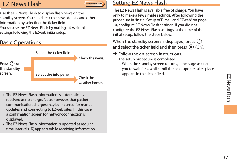 37EZ News FlashEZ News Flash Use the EZ News Flash to display flash news on the standby screen. You can check the news details and other information by selecting the ticker field.You can use the EZ News Flash by making a few simple settings following the EZweb initial setup.Basic Operations• The EZ News Flash information is automatically received at no charge. Note, however, that packet communication charges may be incurred for manual updates and connecting to EZweb sites. In this case, a confirmation screen for network connection is displayed.• The EZ News Flash information is updated at regular time intervals.   appears while receiving information.Setting EZ News FlashThe EZ News Flash is available free of charge. You have only to make a few simple settings. After following the procedure in “Initial Setup of E-mail and EZweb” on page 10, configure EZ News Flash settings. If you did not configure the EZ News Flash settings at the time of the initial setup, follow the steps below.When the standby screen is displayed, press u and select the ticker field and then press c (OK). 󰜏Follow the on-screen instructions.The setup procedure is completed.• When the standby screen returns, a message asking you to wait for a while until the next update takes place appears in the ticker field.EZweb Subscription RequiredCheck the news.Check the weather forecast.Select the ticker field.Select the info pane.Press u on the standby screen.