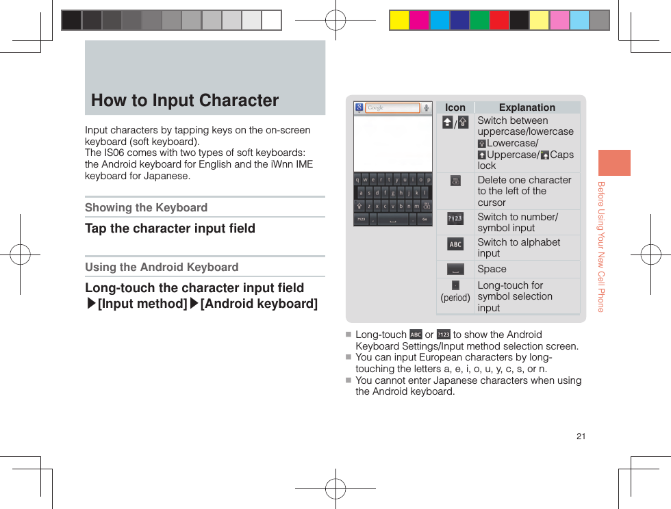 21Before Using Your New Cell Phone  How to Input CharacterInput characters by tapping keys on the on-screen keyboard (soft keyboard).The IS06 comes with two types of soft keyboards: the Android keyboard for English and the iWnn IME keyboard for Japanese.Showing the KeyboardTap the character input ﬁ eld Using the Android KeyboardLong-touch the character input ﬁ eld ▶[Input method]▶[Android keyboard]Icon Explanation /  Switch between uppercase/lowercase Lowercase/  Uppercase/   Caps lockDelete one character to the left of the cursorSwitch to number/symbol inputSwitch to alphabet inputSpace(period)Long-touch for symbol selection input ■ Long-touch   or   to show the Android Keyboard Settings/Input method selection screen. ■ You can input European characters by long-touching the letters a, e, i, o, u, y, c, s, or n. ■ You cannot enter Japanese characters when using the Android keyboard.