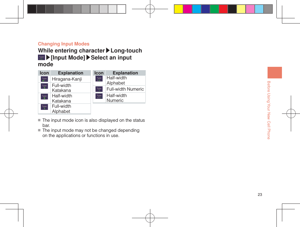 23Before Using Your New Cell PhoneChanging Input ModesWhile entering character▶Long-touch ▶[ Input Mode]▶Select an input modeIcon ExplanationHiragana-KanjiFull-width KatakanaHalf-width KatakanaFull-width AlphabetIcon ExplanationHalf-width AlphabetFull-width NumericHalf-width Numeric ■ The input mode icon is also displayed on the status bar. ■ The input mode may not be changed depending on the applications or functions in use.
