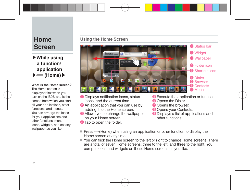 26 ■ Press   (Home) when using an application or other function to display the Home screen at any time. ■ You can ﬂ ick the Home screen to the left or right to change Home screens. There are a total of seven Home screens: three to the left, and three to the right. You can put icons and widgets on these Home screens as you like.❶ Displays notiﬁ cation icons, status icons, and the current time.❷ An application that you can use by adding it to the Home screen.❸ Allows you to change the wallpaper on your Home screen.❹ Tap to open the folder.❺ Execute the application or function.❻ Opens the Dialer.❼ Opens the browser.❽ Opens your Contacts.❾ Displays a list of applications and other functions.❶ Status bar❷Widget❸Wallpaper❹Folder icon❺ Shortcut icon❻Dialer❼Browser❽Contacts❾Menu  Home Screen▶While using a function/application▶ (Home)▶What is the Home screen?The Home screen is displayed ﬁ rst when you turn on the IS06, and is the screen from which you start all your applications, other functions, and menus.You can arrange the icons for your applications and other functions, menu icons, widgets, and set any wallpaper as you like.Using the Home Screen