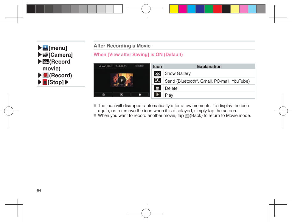 64▶ [menu]▶ [Camera]▶ (Record movie)▶ (Record)▶ [Stop]▶ ■ The icon will disappear automatically after a few moments. To display the icon again, or to remove the icon when it is displayed, simply tap the screen. ■ When you want to record another movie, tap   (Back) to return to Movie mode.Icon ExplanationShow GallerySend (Bluetooth®, Gmail, PC-mail, YouTube) DeletePlayAfter Recording a MovieWhen [View after Saving] is ON (Default)
