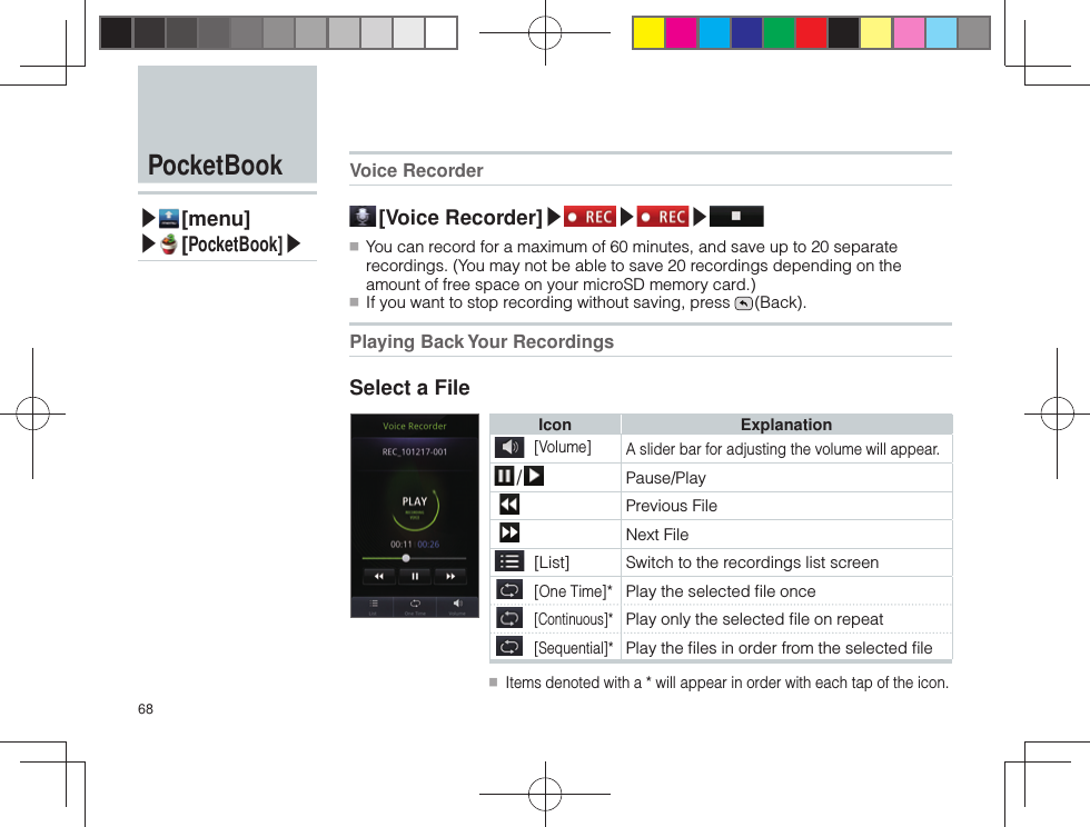 68 Voice Recorder [Voice Recorder]▶ ▶ ▶ ■ You can record for a maximum of 60 minutes, and save up to 20 separate recordings. (You may not be able to save 20 recordings depending on the amount of free space on your microSD memory card.) ■ If you want to stop recording without saving, press   (Back).Playing Back Your RecordingsSelect a File  PocketBook▶ [menu]▶ [PocketBook]▶Icon Explanation[Volume] A slider bar for adjusting the volume will appear. /  Pause/PlayPrevious FileNext File[List] Switch to the recordings list screen[One Time]*Play the selected ﬁ le once[Continuous]*Play only the selected ﬁ le on repeat[Sequential]*Play the ﬁ les in order from the selected ﬁ le ■ Items denoted with a * will appear in order with each tap of the icon.