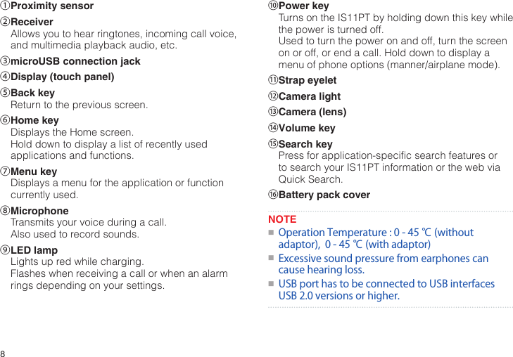 8①Proximity sensor②ReceiverAllows you to hear ringtones, incoming call voice, and multimedia playback audio, etc.③microUSB connection jack④Display (touch panel)⑤Back keyReturn to the previous screen.⑥Home keyDisplays the Home screen.Hold down to display a list of recently used applications and functions.⑦Menu keyDisplays a menu for the application or function currently used.⑧MicrophoneTransmits your voice during a call.Also used to record sounds.⑨LED lampLights up red while charging.Flashes when receiving a call or when an alarm rings depending on your settings.⑩Power keyTurns on the IS11PT by holding down this key while the power is turned off.Used to turn the power on and off, turn the screen on or off, or end a call. Hold down to display a menu of phone options (manner/airplane mode).⑪Strap eyelet⑫Camera light⑬Camera (lens)⑭Volume key⑮Search keyPress for application-specific search features or to search your IS11PT information or the web via Quick Search.⑯Battery pack coverNOTE●■OperationTemperature:0-45℃(withoutadaptor),0-45℃(withadaptor)●■Excessivesoundpressurefromearphonescancausehearingloss.●■USBporthastobeconnectedtoUSBinterfacesUSB2.0versionsorhigher.
