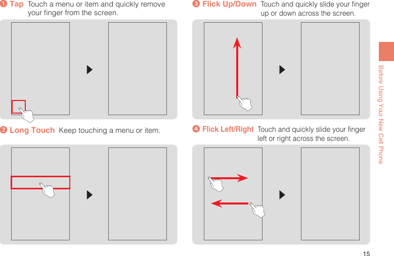 15Before Using Your New Cell Phone❷ Long Touch   Keep touching a menu or item.▶▶❶ Tap  Touch a menu or item and quickly remove your finger from the screen.▶▶❸ Flick Up/Down   Touch and quickly slide your finger up or down across the screen.❹ Flick Left/Right   Touch and quickly slide your finger left or right across the screen.