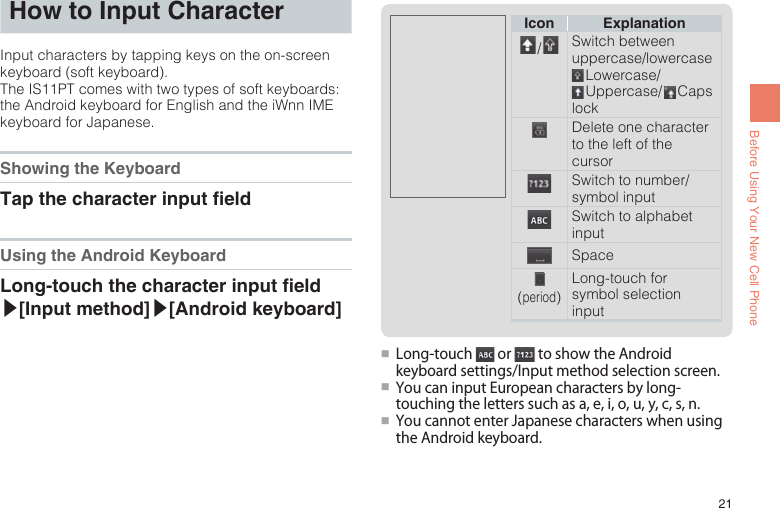 21Before Using Your New Cell PhoneHow to Input CharacterInput characters by tapping keys on the on-screen keyboard (soft keyboard).The IS11PT comes with two types of soft keyboards: the Android keyboard for English and the iWnn IME keyboard for Japanese.Showing the KeyboardTap the character input eldUsing the Android KeyboardLong-touch the character input eld ▶[Input method]▶[Android keyboard]Icon Explanation /  Switch between uppercase/lowercase Lowercase/  Uppercase/   Caps lockDelete one character to the left of the cursorSwitch to number/symbol inputSwitch to alphabet inputSpace(period)Long-touch for symbol selection input●■Long-touch or toshowtheAndroidkeyboardsettings/Inputmethodselectionscreen.●■YoucaninputEuropeancharactersbylong-touchingtheletterssuchasa,e,i,o,u,y,c,s,n.●■YoucannotenterJapanesecharacterswhenusingtheAndroidkeyboard.