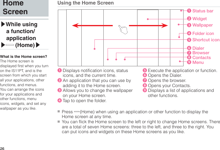 26●■Press   (Home) when using an application or other function to display the Home screen at any time.●■You can flick the Home screen to the left or right to change Home screens. There are a total of seven Home screens: three to the left, and three to the right. You can put icons and widgets on these Home screens as you like.❶ Displays notification icons, status icons, and the current time.❷ An application that you can use by adding it to the Home screen.❸ Allows you to change the wallpaper on your Home screen.❹ Tap to open the folder.❺ Execute the application or function.❻ Opens the Dialer.❼ Opens the browser.❽ Opens your Contacts.❾ Displays a list of applications and other functions.❶ Status  bar❷Widget❸Wallpaper❹Folder icon❺ Shortcut  icon❻Dialer❼Browser❽Contacts❾MenuHome Screen▶While using a function/application▶ (Home)▶What is the Home screen?The Home screen is displayed first when you turn on the IS11PT, and is the screen from which you start all your applications, other functions, and menus.You can arrange the icons for your applications and other functions, menu icons, widgets, and set any wallpaper as you like.Using the Home Screen
