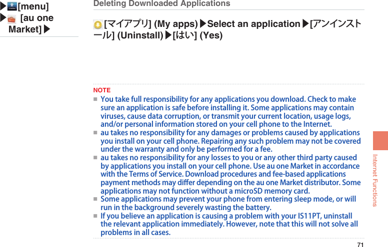 71Internet Functions▶ [menu]▶  [au one Market]▶Deleting Downloaded Applications [マイアプリ] (My apps)▶Select an application▶[アンインストール] (Uninstall)▶[はい] (Yes)NOTE●■ Youtakefullresponsibilityforanyapplicationsyoudownload.Checktomakesureanapplicationissafebeforeinstallingit.Someapplicationsmaycontainviruses,causedatacorruption,ortransmityourcurrentlocation,usagelogs,and/orpersonalinformationstoredonyourcellphonetotheInternet.●■ autakesnoresponsibilityforanydamagesorproblemscausedbyapplicationsyouinstallonyourcellphone.Repairinganysuchproblemmaynotbecoveredunderthewarrantyandonlybeperformedforafee.●■ autakesnoresponsibilityforanylossestoyouoranyotherthirdpartycausedbyapplicationsyouinstallonyourcellphone.UseauoneMarketinaccordancewiththeTermsofService.Downloadproceduresandfee-basedapplicationspaymentmethodsmaydi󰮏erdependingontheauoneMarketdistributor.SomeapplicationsmaynotfunctionwithoutamicroSDmemorycard.●■ Someapplicationsmaypreventyourphonefromenteringsleepmode,orwillruninthebackgroundseverelywastingthebattery.●■ IfyoubelieveanapplicationiscausingaproblemwithyourIS11PT,uninstalltherelevantapplicationimmediately.However,notethatthiswillnotsolveallproblemsinallcases.