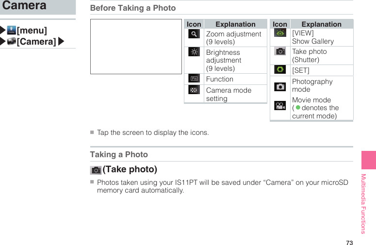 73Multimedia FunctionsBefore Taking a PhotoIcon ExplanationZoom adjustment (9 levels)Brightness adjustment (9 levels)FunctionCamera mode settingIcon Explanation[VIEW]Show GalleryTake photo (Shutter)[SET]Photography modeMovie mode(◦denotes the current mode)Taking a Photo (Take photo)●■Photos taken using your IS11PT will be saved under “Camera” on your microSD memory card automatically.●■Tap the screen to display the icons.Camera▶ [menu]▶ [Camera]▶
