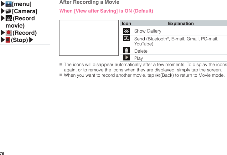 76▶ [menu]▶ [Camera]▶ (Record movie)▶ (Record)▶ (Stop)▶●■The icons will disappear automatically after a few moments. To display the icons again, or to remove the icons when they are displayed, simply tap the screen.●■When you want to record another movie, tap   (Back) to return to Movie mode.Icon ExplanationShow GallerySend (Bluetooth®, E-mail, Gmail, PC-mail, YouTube) DeletePlayAfter Recording a MovieWhen [View after Saving] is ON (Default)