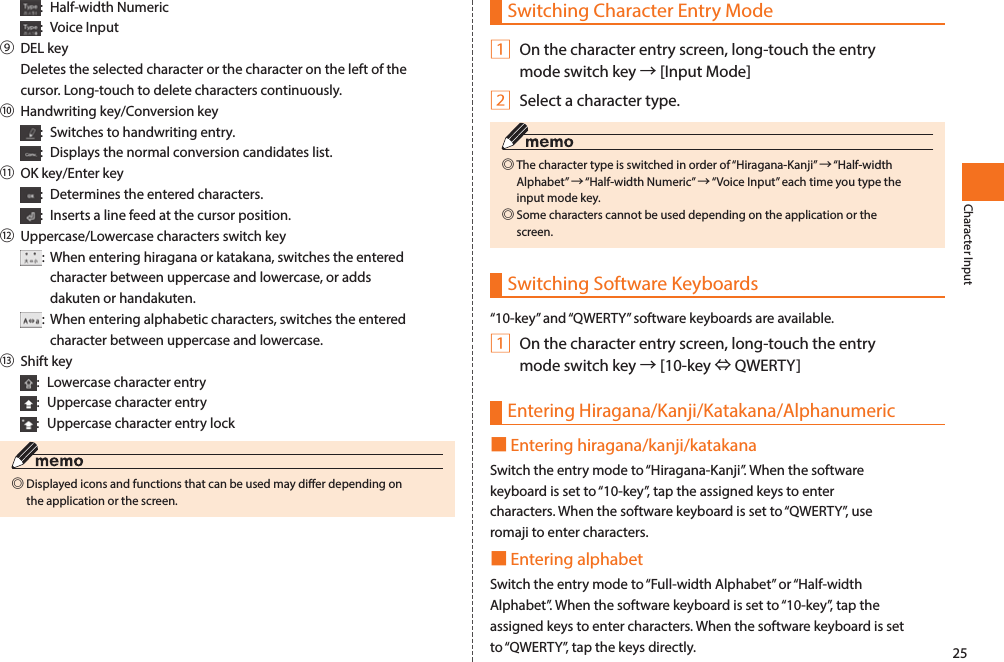 25Character Input:  Half-width Numeric:  Voice Input⑨  DEL key  Deletes the selected character or the character on the left of the cursor. Long-touch to delete characters continuously. ⑩  Handwriting key/Conversion key:  Switches to handwriting entry. :  Displays the normal conversion candidates list. ⑪  OK key/Enter key:  Determines the entered characters. :  Inserts a line feed at the cursor position. ⑫  Uppercase/Lowercase characters switch key:  When entering hiragana or katakana, switches the entered character between uppercase and lowercase, or adds dakuten or handakuten. :  When entering alphabetic characters, switches the entered character between uppercase and lowercase. ⑬  Shift key:  Lowercase character entry:  Uppercase character entry:  Uppercase character entry lock ◎Displayed icons and functions that can be used may differ depending on the application or the screen. Switching Character Entry Mode1 On the character entry screen, long-touch the entry mode switch key → [Input Mode]2 Select a character type. ◎The character type is switched in order of “Hiragana-Kanji” → “Half-width Alphabet” → “Half-width Numeric” → “Voice Input” each time you type the input mode key.  ◎Some characters cannot be used depending on the application or the screen. Switching Software Keyboards“10-key” and “QWERTY” software keyboards are available. 1 On the character entry screen, long-touch the entry mode switch key → [10-key ⇔ QWERTY]Entering Hiragana/Kanji/Katakana/Alphanumeric■Entering hiragana/kanji/katakanaSwitch the entry mode to “Hiragana-Kanji”. When the software keyboard is set to “10-key”, tap the assigned keys to enter characters. When the software keyboard is set to “QWERTY”, use romaji to enter characters.■Entering alphabetSwitch the entry mode to “Full-width Alphabet” or “Half-width Alphabet”. When the software keyboard is set to “10-key”, tap the assigned keys to enter characters. When the software keyboard is set to “QWERTY”, tap the keys directly. 