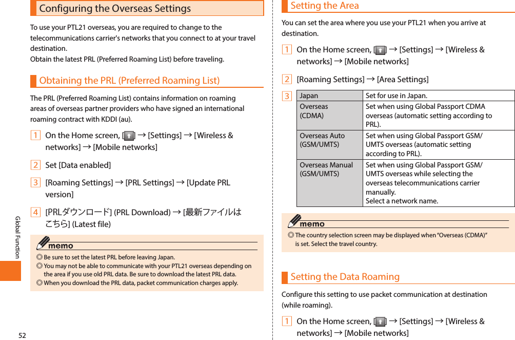 52Global FunctionConfiguring the Overseas SettingsTo use your PTL21 overseas, you are required to change to the telecommunications carrier&apos;s networks that you connect to at your travel destination. Obtain the latest PRL (Preferred Roaming List) before traveling. Obtaining the PRL (Preferred Roaming List)The PRL (Preferred Roaming List) contains information on roaming areas of overseas partner providers who have signed an international roaming contract with KDDI (au). 1 On the Home screen, [ ] → [Settings] → [Wireless &amp; networks] → [Mobile networks]2 Set [Data enabled]3 [Roaming Settings] → [PRL Settings] → [Update PRL version]4 [PRLダウンロード] (PRL Download) → [最新ファイルはこちら] (Latest file) ◎Be sure to set the latest PRL before leaving Japan.  ◎You may not be able to communicate with your PTL21 overseas depending on the area if you use old PRL data. Be sure to download the latest PRL data.  ◎When you download the PRL data, packet communication charges apply. Setting the AreaYou can set the area where you use your PTL21 when you arrive at destination. 1 On the Home screen, [ ] → [Settings] → [Wireless &amp; networks] → [Mobile networks]2 [Roaming Settings] → [Area Settings]3Japan Set for use in Japan. Overseas (CDMA)Set when using Global Passport CDMA overseas (automatic setting according to PRL). Overseas Auto (GSM/UMTS)Set when using Global Passport GSM/UMTS overseas (automatic setting according to PRL). Overseas Manual (GSM/UMTS)Set when using Global Passport GSM/UMTS overseas while selecting the overseas telecommunications carrier manually. Select a network name. ◎The country selection screen may be displayed when “Overseas (CDMA)” is set. Select the travel country. Setting the Data RoamingConfigure this setting to use packet communication at destination (while roaming). 1 On the Home screen, [ ] → [Settings] → [Wireless &amp; networks] → [Mobile networks]