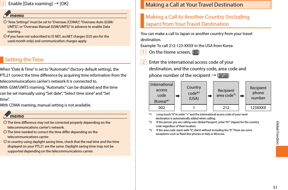 51Global Function2 Enable [Data roaming] → [OK] ◎“Area Settings” must be set to “Overseas (CDMA)”, “Overseas Auto (GSM/UMTS)”, or “Overseas Manual (GSM/UMTS)” in advance to enable Data roaming.  ◎If you have not subscribed to IS NET, au.NET charges (525 yen for the used month only) and communication charges apply. Setting the TimeWhen “Date &amp; Time” is set to “Automatic” (factory default setting), the PTL21 correct the time difference by acquiring time information from the telecommunications carrier&apos;s network it is connected to. With GSM/UMTS roaming, “Automatic” can be disabled and the time can be set manually using “Set date”, “Select time zone” and “Set time”. With CDMA roaming, manual setting is not available.  ◎The time difference may not be corrected properly depending on the telecommunications carrier&apos;s network.  ◎The time needed to correct the time differ depending on the telecommunications carrier.  ◎In country using daylight saving time, check that the real time and the time displayed on your PTL21 are the same. Daylight saving time may not be supported depending on the telecommunications carrier. Making a Call at Your Travel DestinationMaking a Call to Another Country (Including Japan) from Your Travel DestinationYou can make a call to Japan or another country from your travel destination. Example: To call 212-123-XXXX in the USA from Korea1 On the Home screen, [ ]2 Enter the international access code of your destination, and the country code, area code and phone number of the recipient → [ ]International access code (Korea)*1➡Country code*2  (USA) ➡Recipient area code*3 ➡Recipient phone number002 1 212 123XXXX*1   Long-touch “0” to enter “+” and the international access code of your ravel destination is automatically added when calling. *2   If the person you are calling uses Global Passport, enter “81” (Japan) for the country code regardless of their location. *3   If the area code starts with “0”, dial it without including the “0”. There are some exceptions such as fixed-line phones in Italy or Moscow. 