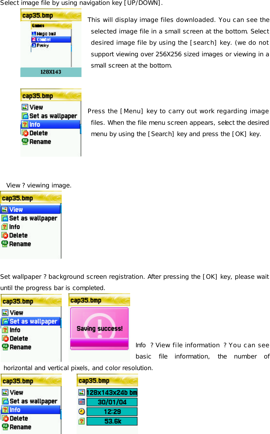   Select image file by using navigation key [UP/DOWN].  This will display image files downloaded. You can see the selected image file in a small screen at the bottom. Select desired image file by using the [search] key. (we do not support viewing over 256X256 sized images or viewing in a small screen at the bottom.   Press the [Menu] key to carry out work regarding image files. When the file menu screen appears, select the desired menu by using the [Search] key and press the [OK] key.   View ? viewing image.         Set wallpaper ? background screen registration. After pressing the [OK] key, please wait until the progress bar is completed.          Info ? View file information  ? You can see basic file information, the number of horizontal and vertical pixels, and color resolution.      
