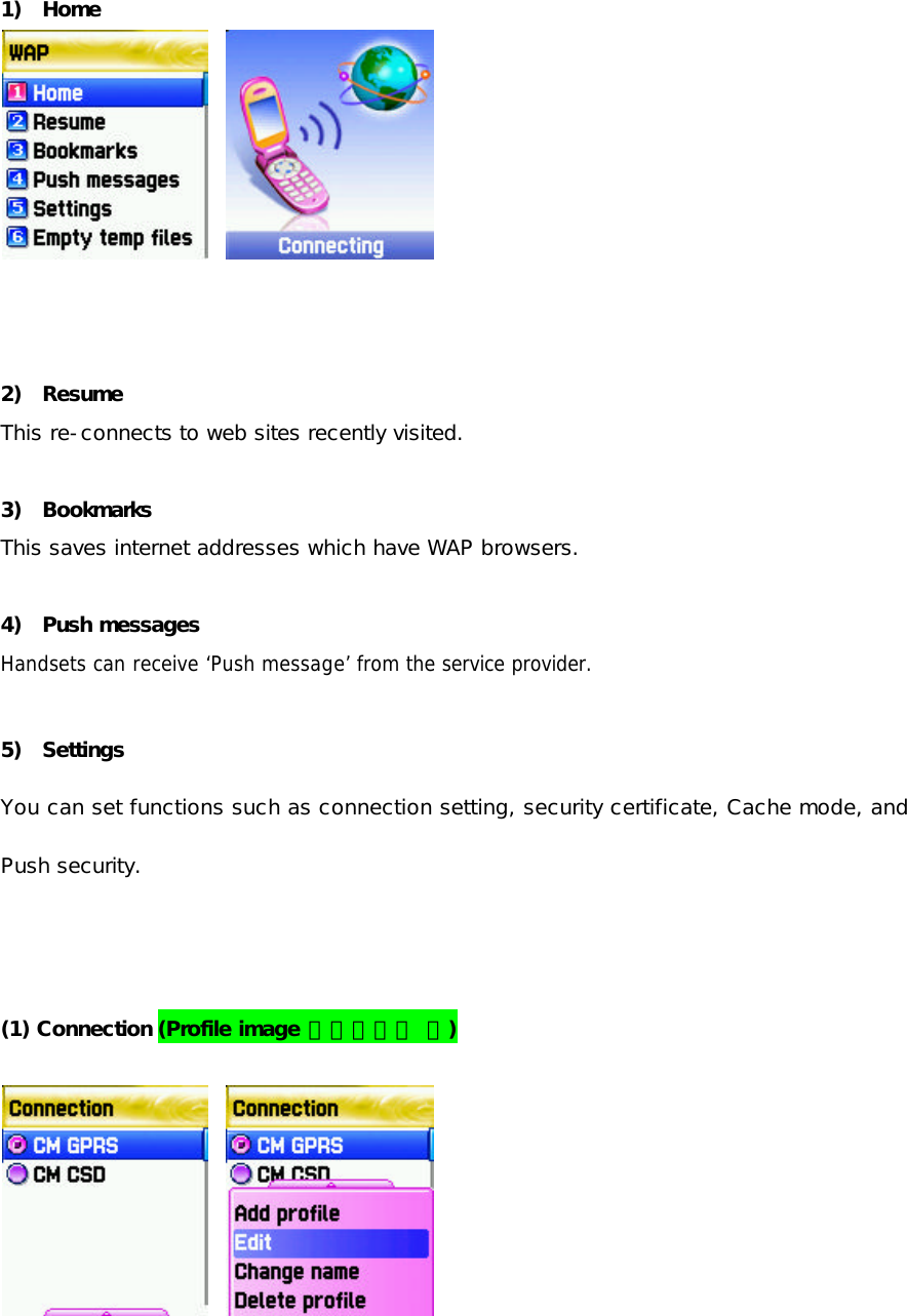  1) Home                 2) Resume This re-connects to web sites recently visited.  3) Bookmarks This saves internet addresses which have WAP browsers.  4) Push messages Handsets can receive ‘Push message’ from the service provider.  5) Settings  You can set functions such as connection setting, security certificate, Cache mode, and Push security.    (1) Connection (Profile image 변경되어야 함)       