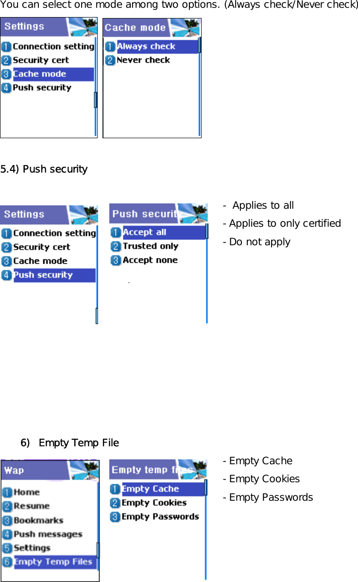 You can select one mode among two options. (Always check/Never check)     5.4) Push security  - Applies to all    -Applies to only certified  -Do not apply           6)  Empty Temp File -Empty Cache -Empty Cookies -Empty Passwords     