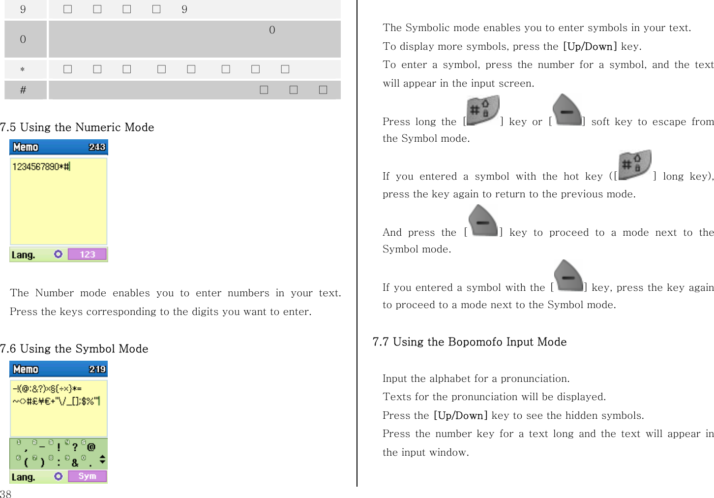  38 9  □    □    □    □    9 0                                0  *  □    □    □     □    □     □    □    □ #                               □    □    □  7.5 Using the Numeric Mode   The Number mode enables you to enter numbers in your text. Press the keys corresponding to the digits you want to enter.  7.6 Using the Symbol Mode   The Symbolic mode enables you to enter symbols in your text. To display more symbols, press the [Up/Down] key. To enter a symbol, press the number for a symbol, and the text will appear in the input screen. Press long the [ ] key or [ ] soft key to escape from the Symbol mode. If you entered a symbol with the hot key ([ ] long key), press the key again to return to the previous mode.   And press the [ ] key to proceed to a mode next to the Symbol mode. If you entered a symbol with the [ ] key, press the key again to proceed to a mode next to the Symbol mode.  7.7 Using the Bopomofo Input Mode  Input the alphabet for a pronunciation. Texts for the pronunciation will be displayed. Press the [Up/Down] key to see the hidden symbols. Press the number key for a text long and the text will appear in the input window.  