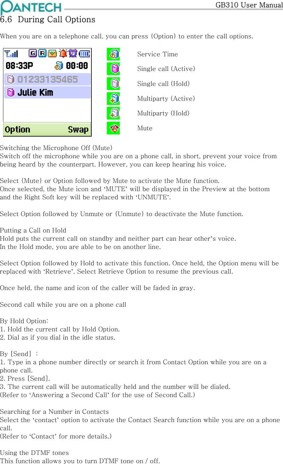   GB310 User Manual 6.6  During Call Options When you are on a telephone call, you can press {Option} to enter the call options.  Service Time  Single call (Active)  Single call (Hold)  Multiparty (Active)  Multiparty (Hold)  Mute  Switching the Microphone Off (Mute) Switch off the microphone while you are on a phone call, in short, prevent your voice from being heard by the counterpart. However, you can keep hearing his voice.  Select {Mute} or Option followed by Mute to activate the Mute function. Once selected, the Mute icon and ‘MUTE’ will be displayed in the Preview at the bottom and the Right Soft key will be replaced with ‘UNMUTE’.  Select Option followed by Unmute or {Unmute} to deactivate the Mute function.  Putting a Call on Hold Hold puts the current call on standby and neither part can hear other’s voice. In the Hold mode, you are able to be on another line.  Select Option followed by Hold to activate this function. Once held, the Option menu will be replaced with ‘Retrieve’. Select Retrieve Option to resume the previous call.  Once held, the name and icon of the caller will be faded in gray.  Second call while you are on a phone call  By Hold Option: 1. Hold the current call by Hold Option. 2. Dial as if you dial in the idle status.  By [Send]  : 1. Type in a phone number directly or search it from Contact Option while you are on a phone call. 2. Press [Send]. 3. The current call will be automatically held and the number will be dialed. (Refer to ‘Answering a Second Call’ for the use of Second Call.)   Searching for a Number in Contacts Select the ‘contact’ option to activate the Contact Search function while you are on a phone call.  (Refer to ‘Contact’ for more details.)  Using the DTMF tones This function allows you to turn DTMF tone on / off. 
