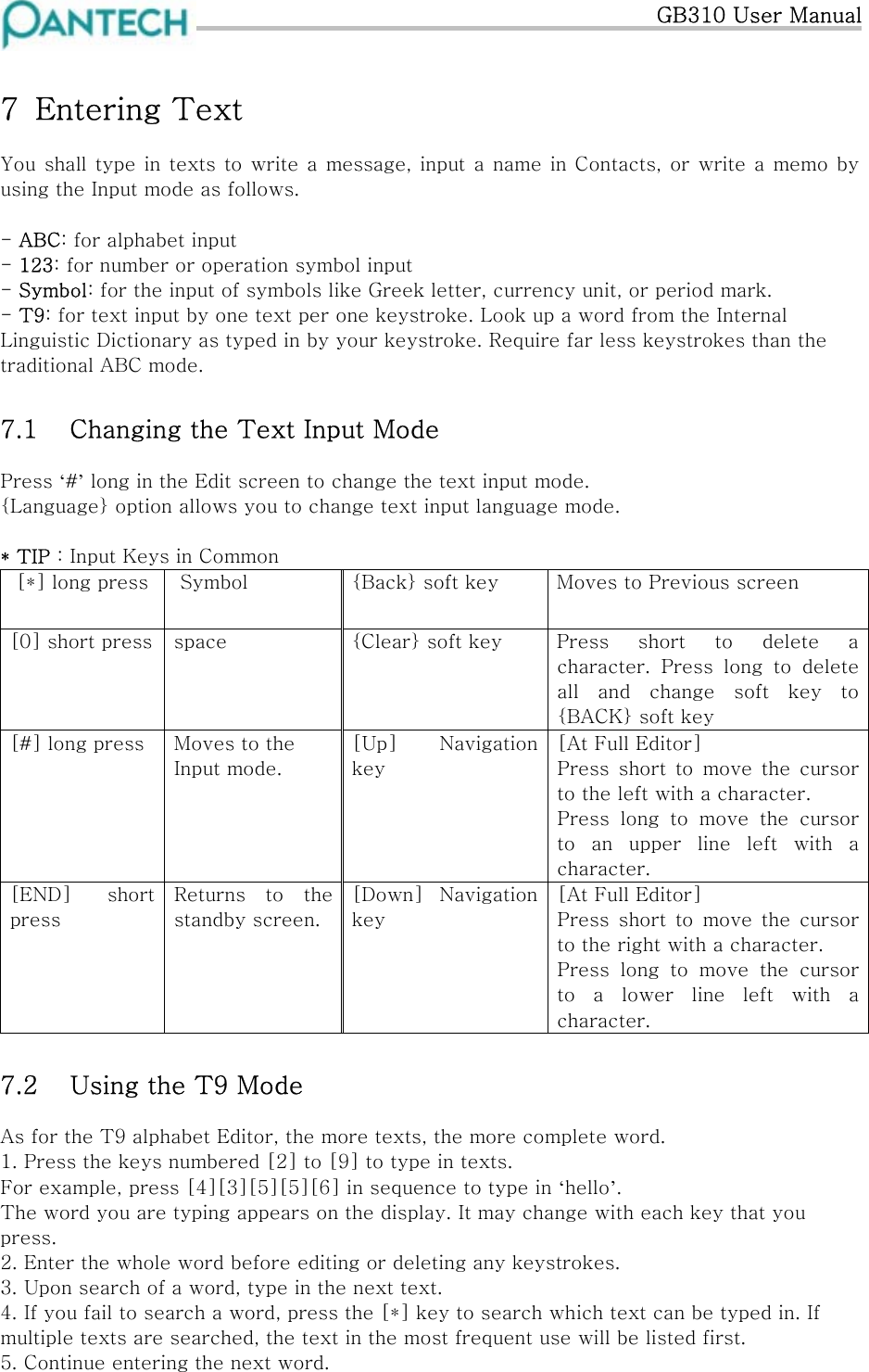   GB310 User Manual 7  Entering Text  You shall type in  texts to write a message, input  a name in Contacts, or  write a memo by using the Input mode as follows.  - ABC: for alphabet input - 123: for number or operation symbol input - Symbol: for the input of symbols like Greek letter, currency unit, or period mark. - T9: for text input by one text per one keystroke. Look up a word from the Internal Linguistic Dictionary as typed in by your keystroke. Require far less keystrokes than the traditional ABC mode. 7.1  Changing the Text Input Mode Press ‘#’ long in the Edit screen to change the text input mode. {Language} option allows you to change text input language mode.  * TIP : Input Keys in Common  [*] long press   Symbol  {Back} soft key  Moves to Previous screen [0] short press  space  {Clear} soft key  Press  short  to  delete  a character.  Press  long  to  delete all  and  change  soft  key  to {BACK} soft key  [#] long press  Moves to the Input mode.  [Up]  Navigation key [At Full Editor] Press  short  to  move  the  cursor to the left with a character. Press  long  to  move  the  cursor to  an  upper  line  left  with  a character. [END]  short press Returns  to  the standby screen. [Down]  Navigation key [At Full Editor] Press  short  to  move  the  cursor to the right with a character. Press  long  to  move  the  cursor to a lower line left with a character. 7.2  Using the T9 Mode As for the T9 alphabet Editor, the more texts, the more complete word. 1. Press the keys numbered [2] to [9] to type in texts. For example, press [4][3][5][5][6] in sequence to type in ‘hello’. The word you are typing appears on the display. It may change with each key that you press. 2. Enter the whole word before editing or deleting any keystrokes. 3. Upon search of a word, type in the next text. 4. If you fail to search a word, press the [*] key to search which text can be typed in. If multiple texts are searched, the text in the most frequent use will be listed first. 5. Continue entering the next word.  