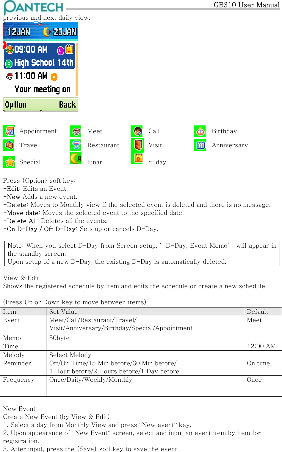   GB310 User Manual previous and next daily view.     Appointment   Meet  Call  Birthday  Travel   Restaurant  Visit  Anniversary  Special   lunar   d-day           Press {Option} soft key; -Edit: Edits an Event. -New Adds a new event. -Delete: Moves to Monthly view if the selected event is deleted and there is no message. -Move date: Moves the selected event to the specified date. -Delete All: Deletes all the events. -On D-Day / Off D-Day: Sets up or cancels D-Day.  Note: When you select D-Day from Screen setup, ‘ D-Day, Event Memo’  will appear in the standby screen. Upon setup of a new D-Day, the existing D-Day is automatically deleted.   View &amp; Edit Shows the registered schedule by item and edits the schedule or create a new schedule.  (Press Up or Down key to move between items) Item  Set Value  Default Event  Meet/Call/Restaurant/Travel/ Visit/Anniversary/Birthday/Special/Appointment Meet Memo  50byte Time    12:00 AM Melody  Select Melody   Reminder  Off/On Time/15 Min before/30 Min before/ 1 Hour before/2 Hours before/1 Day before On time Frequency  Once/Daily/Weekly/Monthly  Once  New Event Create New Event (by View &amp; Edit) 1. Select a day from Monthly View and press “New event” key. 2. Upon appearance of “New Event” screen, select and input an event item by item for registration. 3. After input, press the {Save} soft key to save the event. 