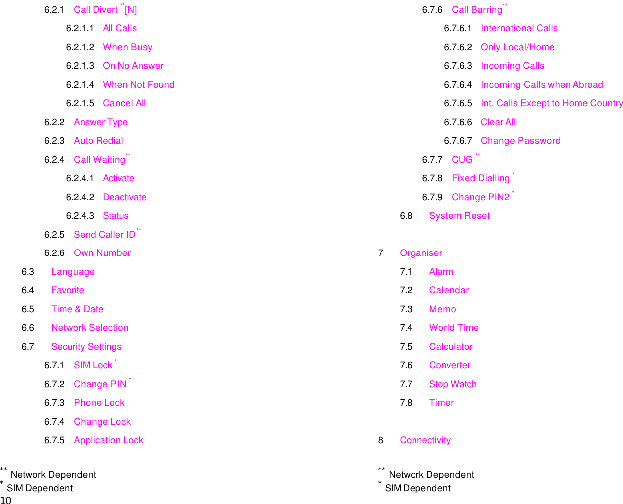  10 6.2.1 Call Divert **[N] 6.2.1.1 All Calls 6.2.1.2 When Busy 6.2.1.3 On No Answer 6.2.1.4 When Not Found 6.2.1.5 Cancel All 6.2.2 Answer Type 6.2.3 Auto Redial 6.2.4 Call Waiting** 6.2.4.1 Activate 6.2.4.2 Deactivate 6.2.4.3 Status 6.2.5 Send Caller ID** 6.2.6 Own Number 6.3 Language 6.4 Favorite 6.5 Time &amp; Date 6.6 Network Selection 6.7 Security Settings 6.7.1 SIM Lock * 6.7.2 Change PIN * 6.7.3 Phone Lock 6.7.4 Change Lock 6.7.5 Application Lock                                                  ** Network Dependent * SIM Dependent 6.7.6 Call Barring**  6.7.6.1 International Calls 6.7.6.2 Only Local/Home 6.7.6.3 Incoming Calls 6.7.6.4 Incoming Calls when Abroad 6.7.6.5 Int. Calls Except to Home Country 6.7.6.6 Clear All 6.7.6.7 Change Password 6.7.7 CUG ** 6.7.8 Fixed Dialling * 6.7.9 Change PIN2 * 6.8 System Reset  7 Organiser 7.1 Alarm 7.2 Calendar 7.3 Memo 7.4 World Time 7.5 Calculator 7.6 Converter 7.7 Stop Watch 7.8 Timer  8 Connectivity                                                  ** Network Dependent * SIM Dependent 