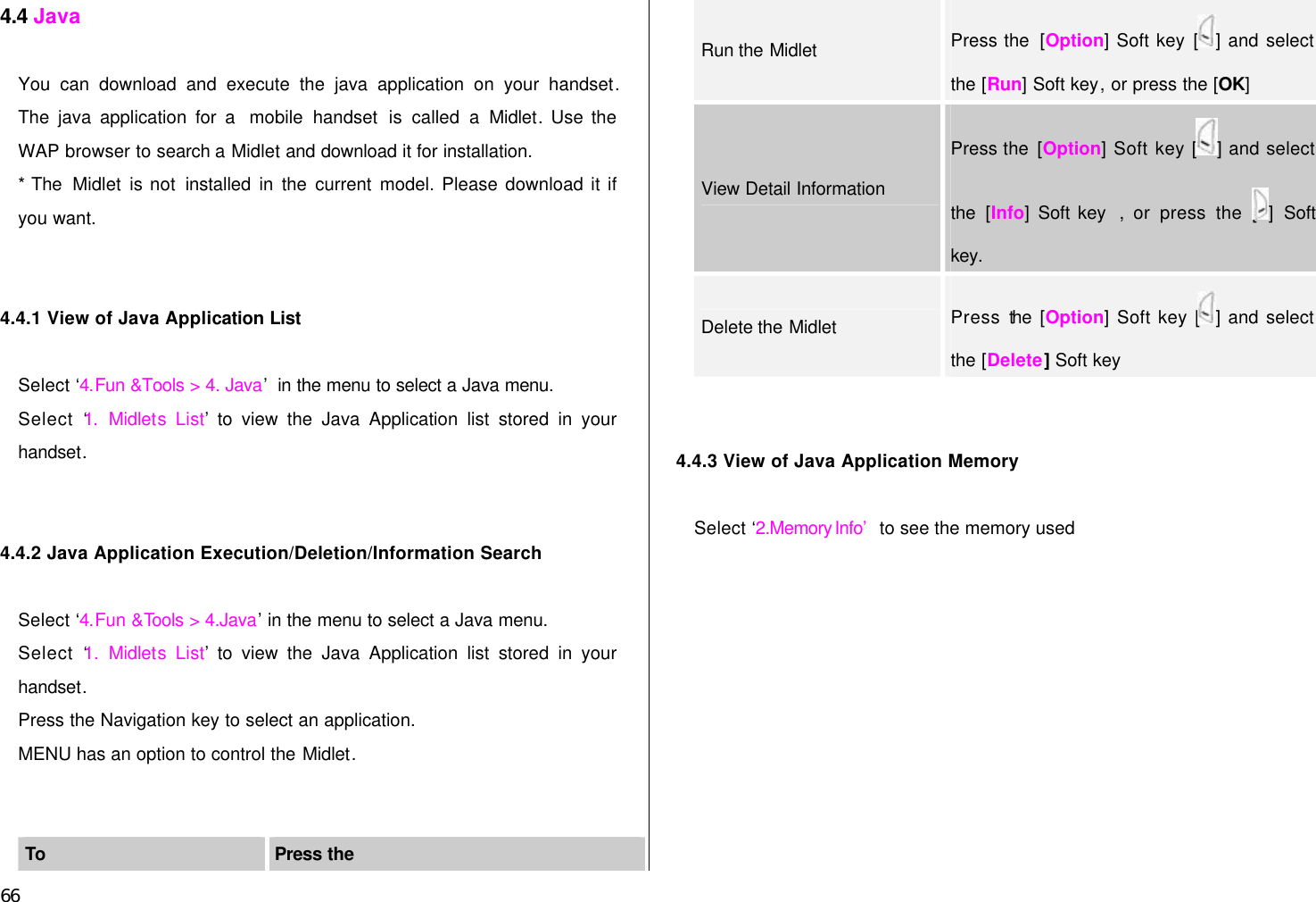  66 4.4 Java  You can download and execute the java application on your handset. The java application for a  mobile handset is called a Midlet. Use the WAP browser to search a Midlet and download it for installation. * The  Midlet is not installed in the current model. Please download it if you want.   4.4.1 View of Java Application List  Select ‘4.Fun &amp;Tools &gt; 4. Java’ in the menu to select a Java menu. Select ‘1. Midlets List’ to view the Java Application list stored in your handset.   4.4.2 Java Application Execution/Deletion/Information Search  Select ‘4.Fun &amp;Tools &gt; 4.Java’ in the menu to select a Java menu. Select ‘1.  Midlets List’ to view the Java Application list stored in your handset. Press the Navigation key to select an application. MENU has an option to control the Midlet.   To Press  the Run the Midlet Press the  [Option] Soft key [] and select the [Run] Soft key, or press the [OK] View Detail Information Press the [Option] Soft key [ ] and select the  [Info] Soft key  , or press the [ ]  Soft key. Delete the Midlet Press the  [Option] Soft key [ ] and select the [Delete] Soft key   4.4.3 View of Java Application Memory  Select ‘2.Memory Info’  to see the memory used    