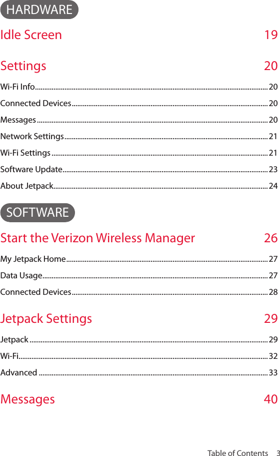 Table of Contents  3HARDWAREIdle Screen  19Settings 20Wi-Fi Info ...............................................................................................................................20Connected Devices ...........................................................................................................20Messages .............................................................................................................................. 20Network Settings ...............................................................................................................21Wi-Fi Settings ...................................................................................................................... 21Software Update ................................................................................................................23About Jetpack .....................................................................................................................24SOFTWAREStart the Verizon Wireless Manager   26My Jetpack Home ..............................................................................................................27Data Usage ...........................................................................................................................27Connected Devices ...........................................................................................................28Jetpack Settings  29Jetpack ..................................................................................................................................29Wi-Fi ........................................................................................................................................32Advanced .............................................................................................................................33Messages 40