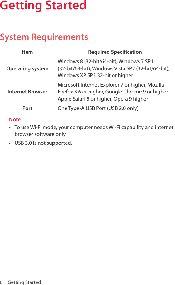 6  Getting StartedGetting StartedSystem RequirementsItem Required SpecificationOperating systemWindows 8 (32-bit/64-bit), Windows 7 SP1 (32-bit/64-bit), Windows Vista SP2 (32-bit/64-bit), Windows XP SP3 32-bit or higher Internet BrowserMicrosoft Internet Explorer 7 or higher, Mozilla Firefox 3.6 or higher, Google Chrome 9 or higher, Apple Safari 5 or higher, Opera 9 higher   Port One Type-A USB Port (USB 2.0 only)Note• To use Wi-Fi mode, your computer needs Wi-Fi capability and internet browser software only.• USB 3.0 is not supported.