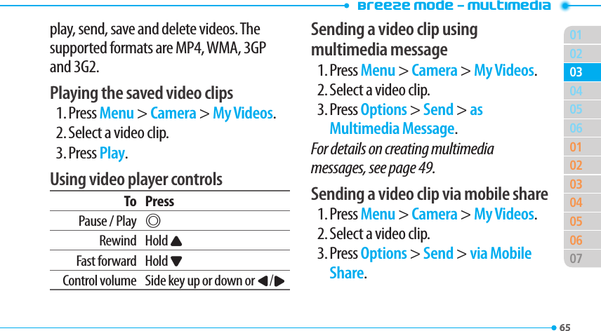 Breeze Mode - Multimedia016502050601020304050607030465play, send, save and delete videos. The supported formats are MP4, WMA, 3GP and 3G2.Playing the saved video clips1. Press Menu &gt; Camera &gt; My Videos.2. Select a video clip.3. Press Play.Using video player controlsTo PressPause / Play@Rewind Hold UFast forward Hold DControl volume Side key up or down or L/RSending a video clip using multimedia message1. Press Menu &gt; Camera &gt; My Videos.2. Select a video clip.3. Press Options &gt; Send &gt; as Multimedia Message.For details on creating multimedia messages, see page 49.Sending a video clip via mobile share1. Press Menu &gt; Camera &gt; My Videos.2. Select a video clip.3. Press Options &gt; Send &gt; via Mobile Share.