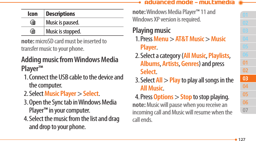 Advanced Mode - Multimedia01127020506010204060712703030504Icon DescriptionsMusic is paused.Music is stopped.note: microSD card must be inserted to transfer music to your phone.Adding music from Windows Media Player™1. Connect the USB cable to the device and the computer.2. Select Music Player &gt; Select.3. Open the Sync tab in Windows Media Player™ in your computer.4. Select the music from the list and drag and drop to your phone.note: Windows Media Player™ 11 and Windows XP version is required.Playing music1. Press Menu &gt; AT&amp;T Music &gt; Music Player.2. Select a category (All Music, Playlists, Albums, Artists, Genres) and press Select.3. Select All &gt; Play to play all songs in the All Music.4. Press Options &gt; Stop to stop playing.note: Music will pause when you receive an incoming call and Music will resume when the call ends.