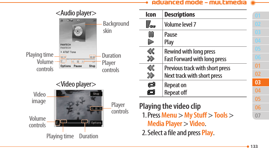 Advanced Mode - Multimedia01133020506010204060713303030504&lt;Audio player&gt;Playing timeVolume controlsDurationPlayer controlsBackground skin&lt;Video player&gt;Volume controlsPlaying timePlayer controlsVideo imageDurationIcon DescriptionsVolume level 7PausePlayRewind with long pressFast Forward with long pressPrevious track with short pressNext track with short pressRepeat onRepeat oPlaying the video clip1. Press Menu &gt; My Stu &gt; Tools &gt; Media Player &gt; Video.2. Select a le and press Play. 