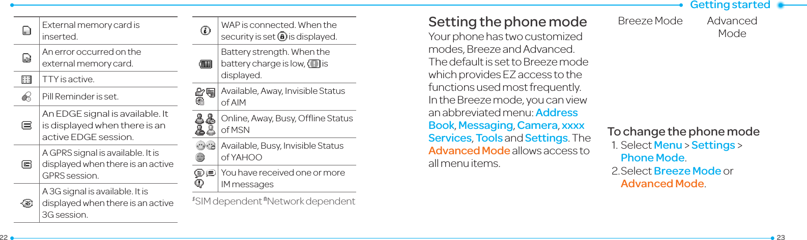 Getting started2322External memory card is inserted.Anerroroccurredontheexternal memory card.TTYisactive.PillReminderisset.AnEDGEsignalisavailable.Itis displayed when there is an activeEDGEsession.AGPRSsignalisavailable.ItisdisplayedwhenthereisanactiveGPRSsession.A3Gsignalisavailable.Itisdisplayedwhenthereisanactive3Gsession.WAPisconnected.Whenthesecurity is set   is displayed.Batterystrength.Whenthebattery charge is low,   is displayed.Available,Away,InvisibleStatusofAIMOnline,Away,Busy,OfineStatusofMSN Available,Busy,InvisibleStatusofYAHOOYouhavereceivedoneormoreIM messagesSSIMdependent NNetworkdependent Setting the phone modeYour phone has two customized modes,BreezeandAdvanced.The default is set to Breeze mode whichprovidesEZaccesstothefunctionsusedmostfrequently.IntheBreezemode,youcanviewanabbreviatedmenu:Address Book, Messaging, Camera, xxxx Services, Tools and Settings. The Advanced Mode allows access to all menu items.Breeze Mode AdvancedModeTo change the phone mode1.SelectMenu &gt; Settings &gt; Phone Mode.2.SelectBreeze Mode or Advanced Mode.