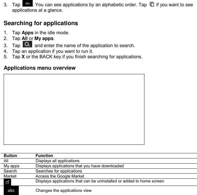 3.  Tap  . You can see applications by an alphabetic order. Tap    if you want to see applications at a glance.  Searching for applications 1.  Tap Apps in the idle mode. 2.  Tap All or My apps. 3.  Tap    and enter the name of the application to search. 4.  Tap an application if you want to run it. 5.  Tap X or the BACK key if you finish searching for applications.  Applications menu overview                Button Function All Displays all applications My apps Displays applications that you have downloaded Search Searches for applications Market Access the Google Market  Displays applications that can be uninstalled or added to home screen  Changes the applications view  View change Applications edit 
