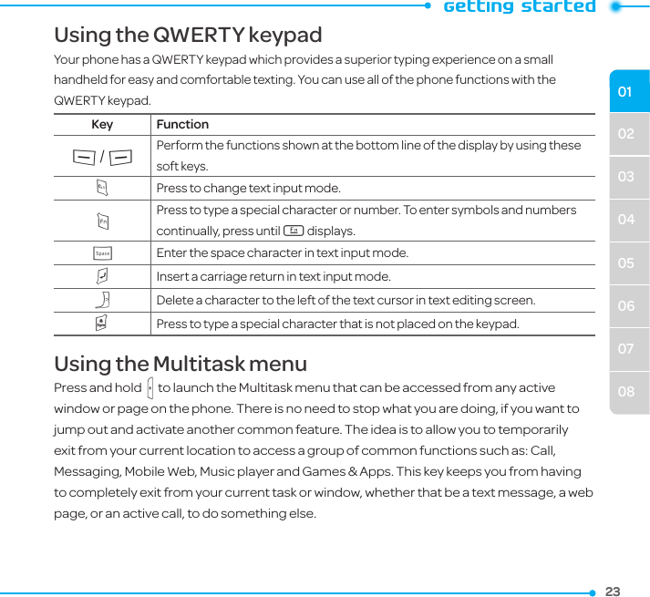02030405060708012323Using the QWERTY keypadYour phone has a QWERTY keypad which provides a superior typing experience on a small handheld for easy and comfortable texting. You can use all of the phone functions with the QWERTY keypad. Key Function&lt;/&gt; Perform the functions shown at the bottom line of the display by using these soft keys.mPress to change text input mode.FPress to type a special character or number. To enter symbols and numbers continually, press until h displays.wEnter the space character in text input mode.TInsert a carriage return in text input mode.CDelete a character to the left of the text cursor in text editing screen.lPress to type a special character that is not placed on the keypad.Using the Multitask menuPress and hold    to launch the Multitask menu that can be accessed from any active window or page on the phone. There is no need to stop what you are doing, if you want to jump out and activate another common feature. The idea is to allow you to temporarily exit from your current location to access a group of common functions such as: Call, Messaging, Mobile Web, Music player and Games &amp; Apps. This key keeps you from having to completely exit from your current task or window, whether that be a text message, a web page, or an active call, to do something else.
