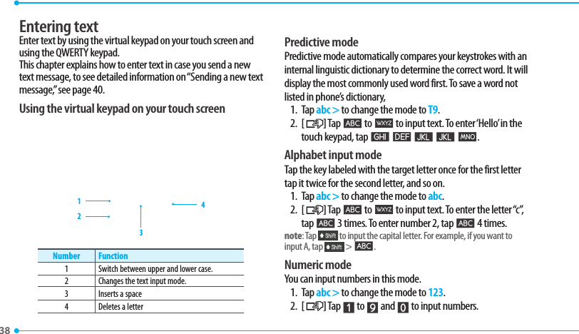 38 Entering textEnter text by using the virtual keypad on your touch screen and using the QWERTY keypad. This chapter explains how to enter text in case you send a new text message, to see detailed information on “Sending a new text message,” see page 40.Using the virtual keypad on your touch screen1432Number Function1 Switch between upper and lower case.2Changes the text input mode.3 Inserts a space4 Deletes a letterPredictive mode Predictive mode automatically compares your keystrokes with an internal linguistic dictionary to determine the correct word. It will display the most commonly used word first. To save a word not listed in phone’s dictionary, 1. Tap abc &gt; to change the mode to T9.2. [  ] Tap 4 to 5 to input text. To enter ‘Hello’ in the touch keypad, tap 6 7 8 8 [.Alphabet input modeTap the key labeled with the target letter once for the first letter tap it twice for the second letter, and so on.1. Tap abc &gt; to change the mode to abc.2. [  ] Tap 4 to 5 to input text. To enter the letter “c”, tap 4 3 times. To enter number 2, tap 4 4 times.note: Tap   to input the capital letter. For example, if you want to input A, tap   &gt; 4.Numeric modeYou can input numbers in this mode.1.  Tap abc &gt; to change the mode to 123.2. [  ] Tap 1 to 9 and 0 to input numbers.