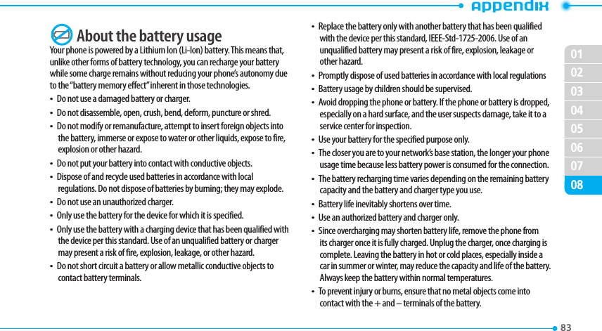 020304050607010883  About the battery usageYour phone is powered by a Lithium Ion (Li-Ion) battery. This means that, unlike other forms of battery technology, you can recharge your battery while some charge remains without reducing your phone’s autonomy due to the “battery memory effect” inherent in those technologies.t Do not use a damaged battery or charger.t Do not disassemble, open, crush, bend, deform, puncture or shred.t Do not modify or remanufacture, attempt to insert foreign objects into the battery, immerse or expose to water or other liquids, expose to fire, explosion or other hazard.t Do not put your battery into contact with conductive objects. t Dispose of and recycle used batteries in accordance with local regulations. Do not dispose of batteries by burning; they may explode.t Do not use an unauthorized charger.t Only use the battery for the device for which it is specified.t Only use the battery with a charging device that has been qualified with the device per this standard. Use of an unqualified battery or charger may present a risk of fire, explosion, leakage, or other hazard.t Do not short circuit a battery or allow metallic conductive objects to contact battery terminals.t Replace the battery only with another battery that has been qualified with the device per this standard, IEEE-Std-1725-2006. Use of an unqualified battery may present a risk of fire, explosion, leakage or other hazard.t Promptly dispose of used batteries in accordance with local regulationst Battery usage by children should be supervised.t Avoid dropping the phone or battery. If the phone or battery is dropped, especially on a hard surface, and the user suspects damage, take it to a service center for inspection.t Use your battery for the specified purpose only.t The closer you are to your network’s base station, the longer your phone usage time because less battery power is consumed for the connection.t The battery recharging time varies depending on the remaining battery capacity and the battery and charger type you use.t Battery life inevitably shortens over time.t Use an authorized battery and charger only. t Since overcharging may shorten battery life, remove the phone from its charger once it is fully charged. Unplug the charger, once charging is complete. Leaving the battery in hot or cold places, especially inside a car in summer or winter, may reduce the capacity and life of the battery. Always keep the battery within normal temperatures. t To prevent injury or burns, ensure that no metal objects come into contact with the + and – terminals of the battery.