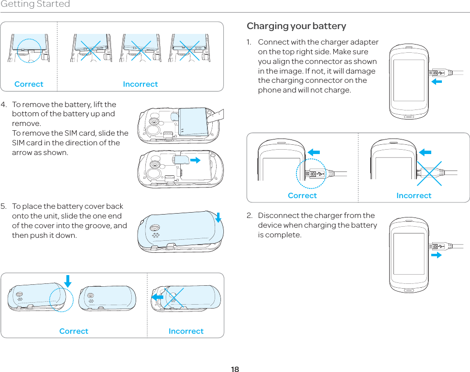 18Getting Started     Correct Incorrect4.  To remove the battery, lift the bottom of the battery up and remove.  To remove the SIM card, slide the SIM card in the direction of the arrow as shown.5.  To place the battery cover back onto the unit, slide the one end of the cover into the groove, and then push it down.  Correct  IncorrectCharging your battery1.  Connect with the charger adapter on the top right side. Make sure you align the connector as shown in the image. If not, it will damage the charging connector on the phone and will not charge.      Correct Incorrect2.  Disconnect the charger from the device when charging the battery is complete.
