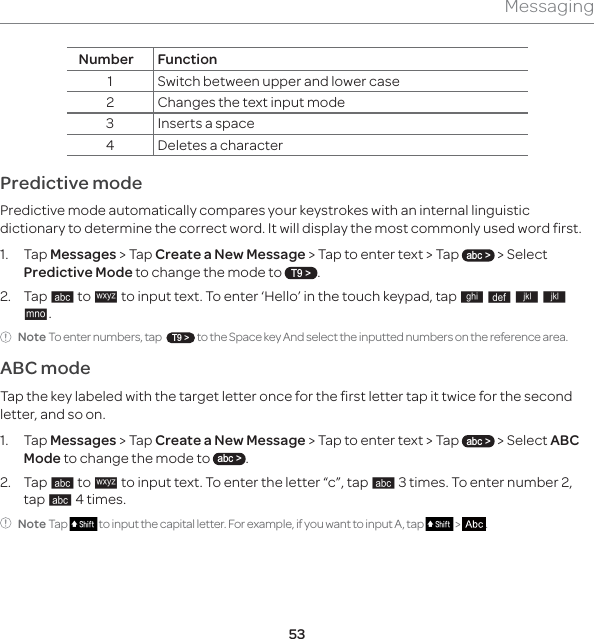 53MessagingNumber Function1 Switch between upper and lower case2 Changes the text input mode3 Inserts a space4 Deletes a characterPredictive mode Predictive mode automatically compares your keystrokes with an internal linguistic dictionary to determine the correct word. It will display the most commonly used word first. 1. Tap Messages &gt; Tap Create a New Message &gt; Tap to enter text &gt; Tap abc &gt; &gt; Select Predictive Mode to change the mode to T9 &gt;.2. Tap p to q to input text. To enter ‘Hello’ in the touch keypad, tap r s t t u.Note To enter numbers, tap  T9 &gt; to the Space key And select the inputted numbers on the reference area.ABC modeTap the key labeled with the target letter once for the first letter tap it twice for the second letter, and so on.1. Tap Messages &gt; Tap Create a New Message &gt; Tap to enter text &gt; Tap abc &gt; &gt; Select ABC Mode to change the mode to abc &gt;.2. Tap p to q to input text. To enter the letter “c”, tap p 3 times. To enter number 2, tap p 4 times.Note Tap   to input the capital letter. For example, if you want to input A, tap   &gt;  .
