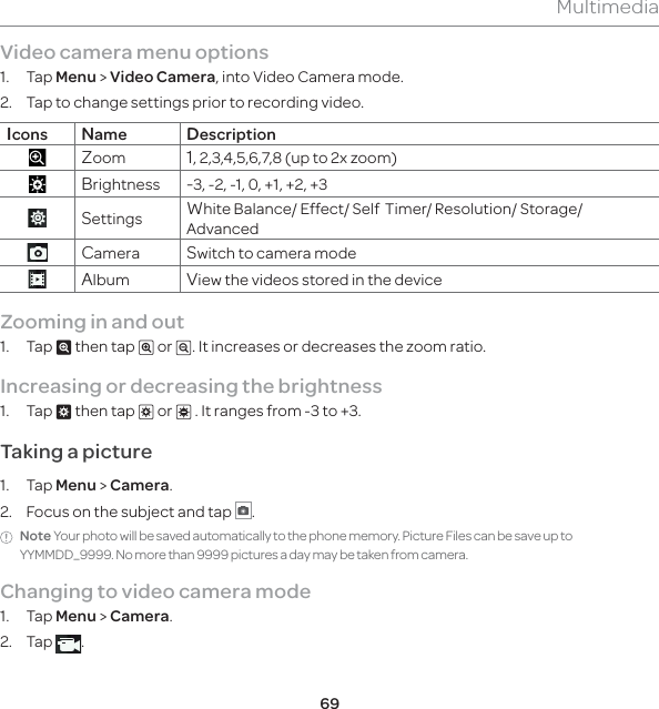 69MultimediaVideo camera menu options1. Tap Menu &gt; Video Camera, into Video Camera mode.2.  Tap to change settings prior to recording video. Icons Name DescriptionZoom 1, 2,3,4,5,6,7,8 (up to 2x zoom)Brightness -3, -2, -1, 0, +1, +2, +3Settings White Balance/ Effect/ Self  Timer/ Resolution/ Storage/ AdvancedCamera Switch to camera modeAlbum View the videos stored in the deviceZooming in and out 1. Tap ^ then tap _ or v. It increases or decreases the zoom ratio.Increasing or decreasing the brightness1. Tap ` then tap b or c . It ranges from -3 to +3.Taking a picture1. Tap Menu &gt; Camera.2.  Focus on the subject and tap  .Note Your photo will be saved automatically to the phone memory. Picture Files can be save up to YYMMDD_9999. No more than 9999 pictures a day may be taken from camera.Changing to video camera mode1. Tap Menu &gt; Camera.2. Tap  .