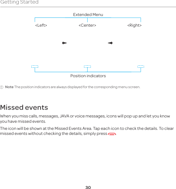 30Getting Started&lt;Center&gt; &lt;Right&gt;&lt;Left&gt;Position indicatorsExtended MenuNote The position indicators are always displayed for the corresponding menu screen.Missed events When you miss calls, messages, JAVA or voice messages, icons will pop up and let you know you have missed events.The icon will be shown at the Missed Events Area. Tap each icon to check the details. To clear missed events without checking the details, simply press  .