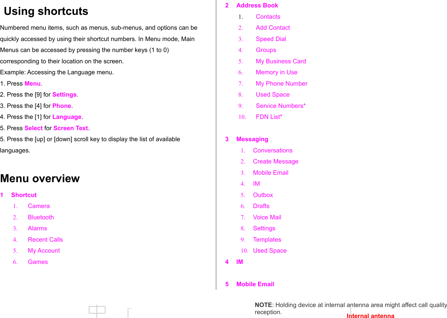  Using shortcutsNumbered menu items, such as menus, sub-menus, and options can be quickly accessed by using their shortcut numbers. In Menu mode, Main Menus can be accessed by pressing the number keys (1 to 0) corresponding to their location on the screen.Example: Accessing the Language menu.1. Press Menu.2. Press the [9] for Settings.3. Press the [4] for Phone.4. Press the [1] for Language.5. Press Select for Screen Text.5. Press the [up] or [down] scroll key to display the list of available languages.Menu overview1 Shortcut1. Camera2. Bluetooth3. Alarms4. Recent Calls5. My Account6. Games2 Address Book1. Contacts2. Add Contact3. Speed Dial4. Groups5. My Business Card6. Memory in Use7. My Phone Number8. Used Space9. Service Numbers*10. FDN List*3 Messaging1. Conversations2. Create Message3. Mobile Email4. IM5. Outbox 6. Drafts 7. Voice Mail8. Settings9. Templates10. Used Space4 IM5 Mobile EmailNOTE: Holding device at internal antenna area might affect call quality reception. Internal antenna